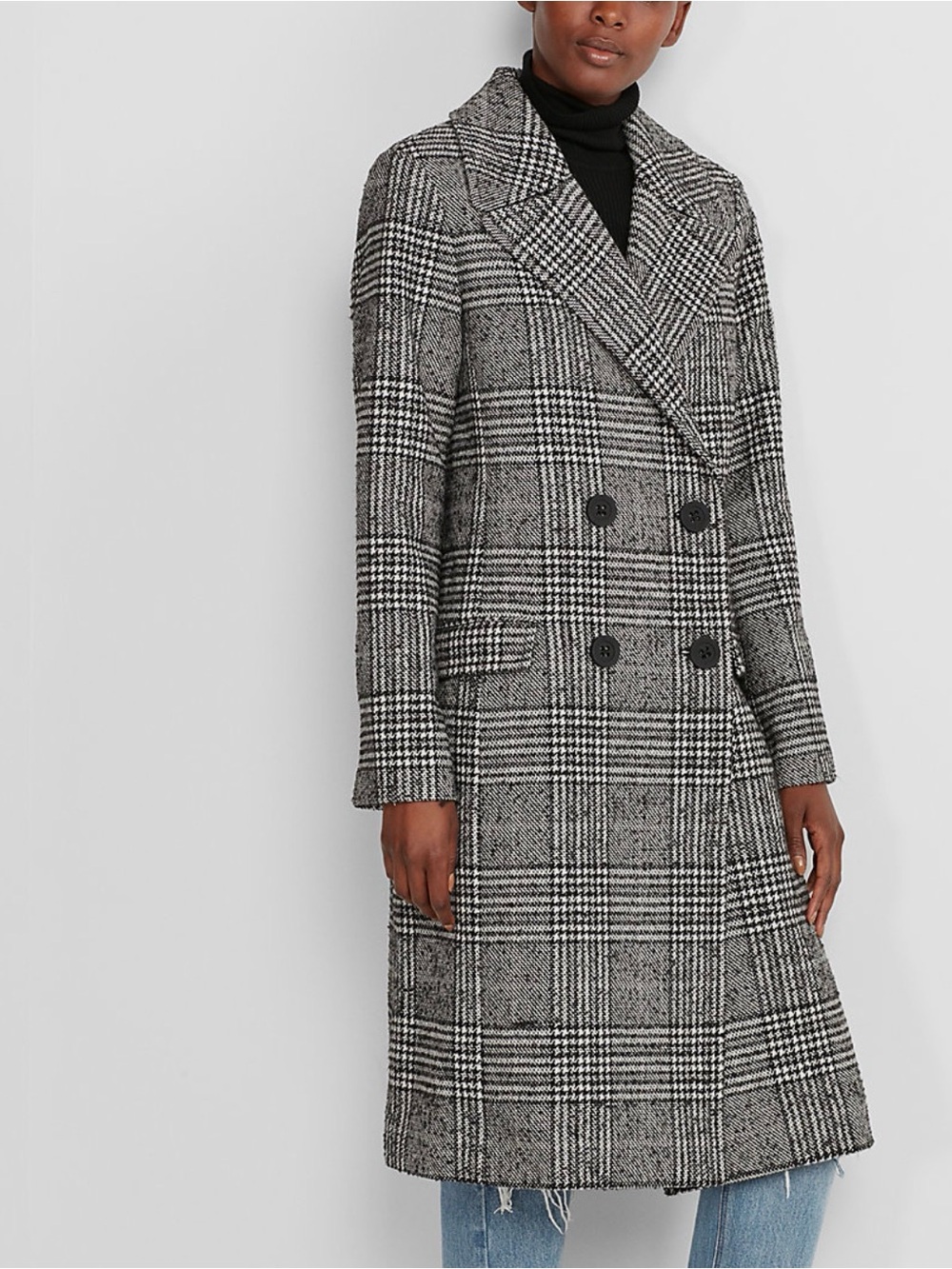 Express Plaid Double-Breasted Coat Black/White/Gray Large